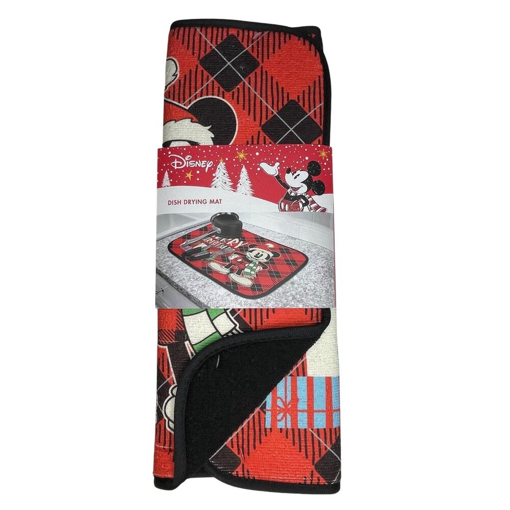 Disney Mickey Mouse Holiday Dish Drying Mat Red/Black Argyle Polyester 16"x18"